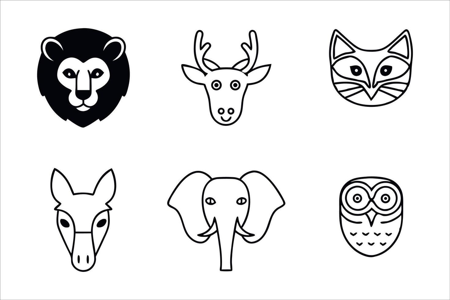 Cartoon Animal Faces Collection of Line Drawings Featuring a Lion, Deer, Fox, Donkey, Elephant and Owl vector