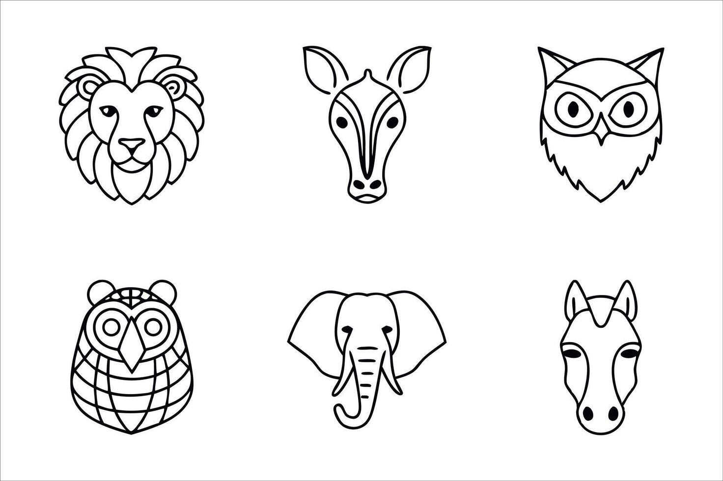 Animal Icon Set of a Lion, Okapi, Two Owls, Elephant and Horse Represented as Stylized Black and White Line Drawings vector
