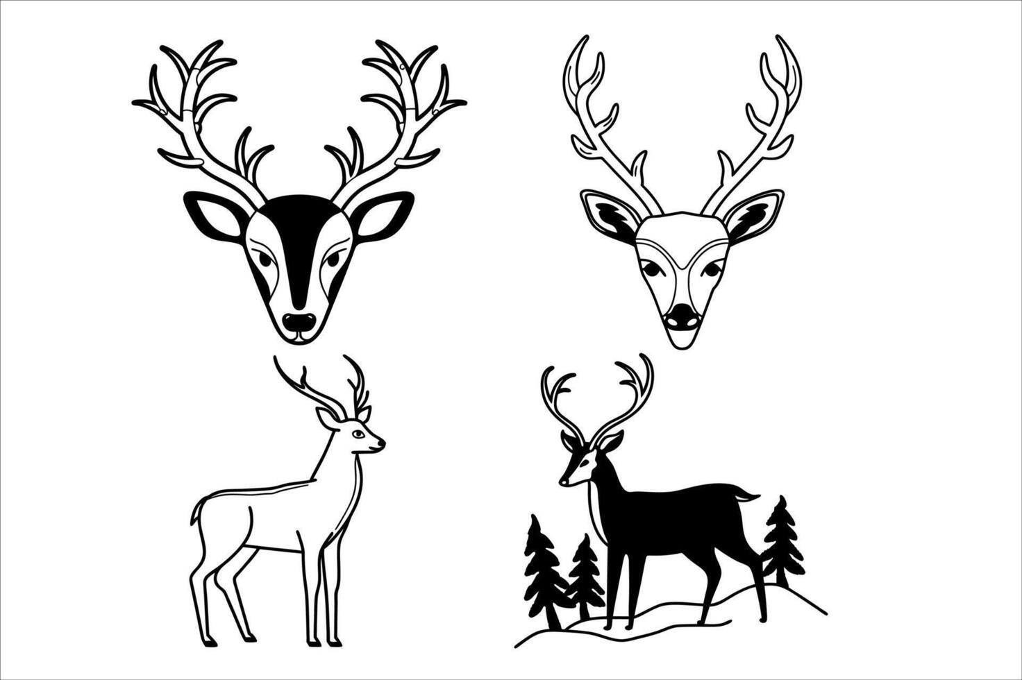 Four Deer Drawings Depicting Different Styles and Perspectives of the Majestic Animal, Set on a Clean White Background vector