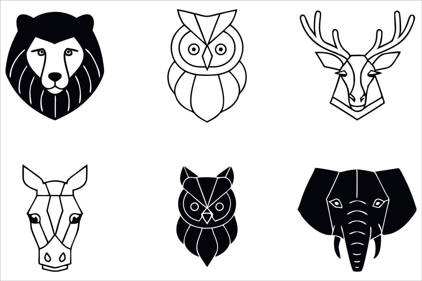 Monochrome Geometric Animal Heads A Collection of Stylized Illustrations Featuring a Lion, Owl, Deer, Horse, and Elephant vector