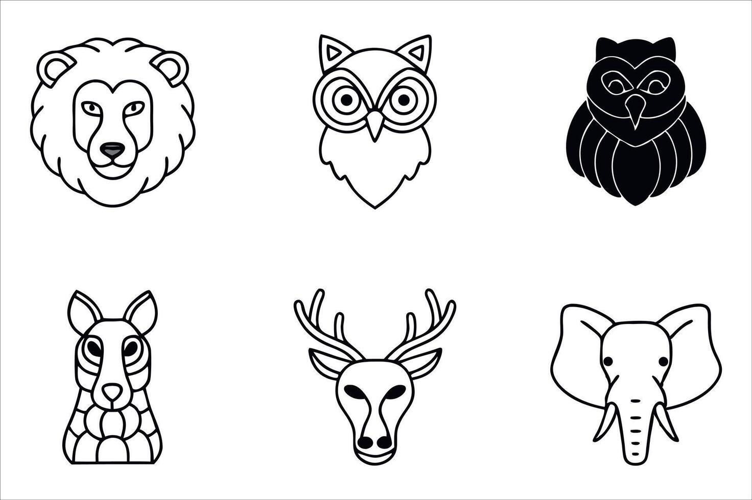 Collection of Six Animal Head Illustrations Featuring a Lion, Owl, Kangaroo, Deer, and Elephant, Presented in a Minimalist Style vector