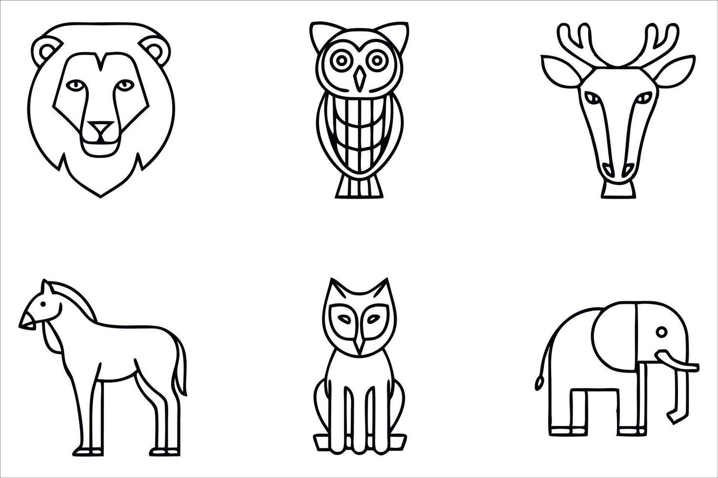 Minimalist Animal Illustrations A Collection of Simple Line Drawings Featuring a Lion Owl Deer Horse and Elephant vector