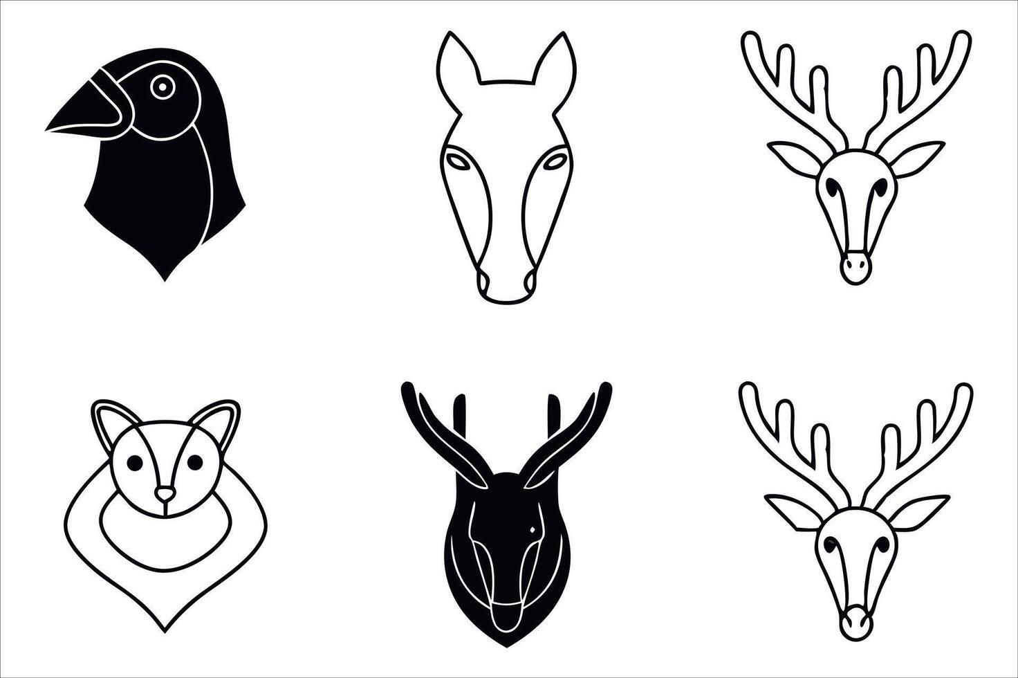 Animal Head Silhouettes Diverse Wildlife Representations Featuring a Bird Horse Fox and Deer with Antlers in Black and White Minimalism vector