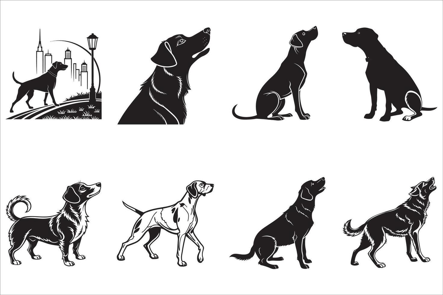A Collection of Canine Silhouettes Expressing Various Moods and Breeds with an Urban Silhouette and a Lamp Post vector
