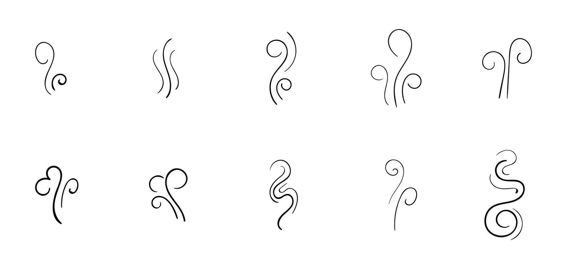 Hand-drawn steam and smoke icons including aroma waves. heat swirls. cooking vapor. scent. stink. and doodle-style fumes. vector