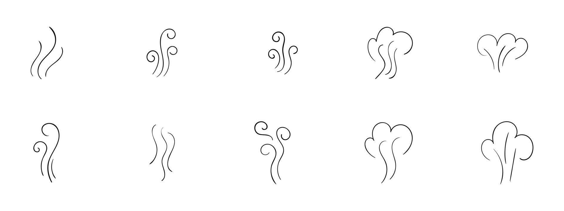 Hand-drawn steam and smoke icons including aroma waves. heat swirls. cooking vapor. scent. stink. and doodle-style fumes. Perfect for food. and vapor-related design projects. vector