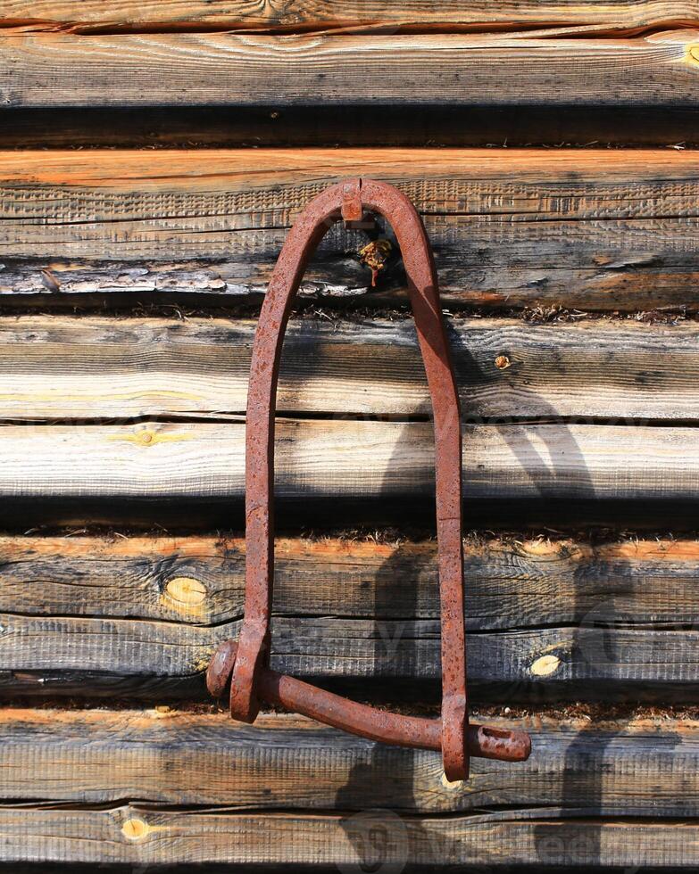 Rusted iron shackle mounted to a sunlit log wall of a weathered forest cabin photo