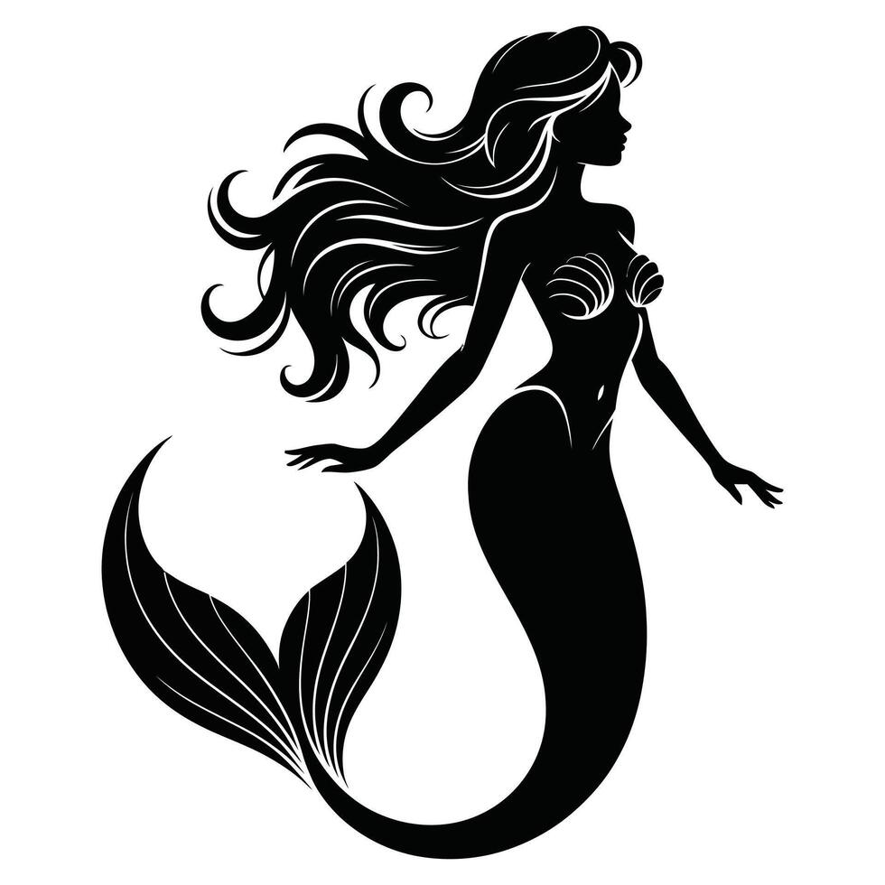 Elegant Mermaid Silhouette in Black on White Background. vector