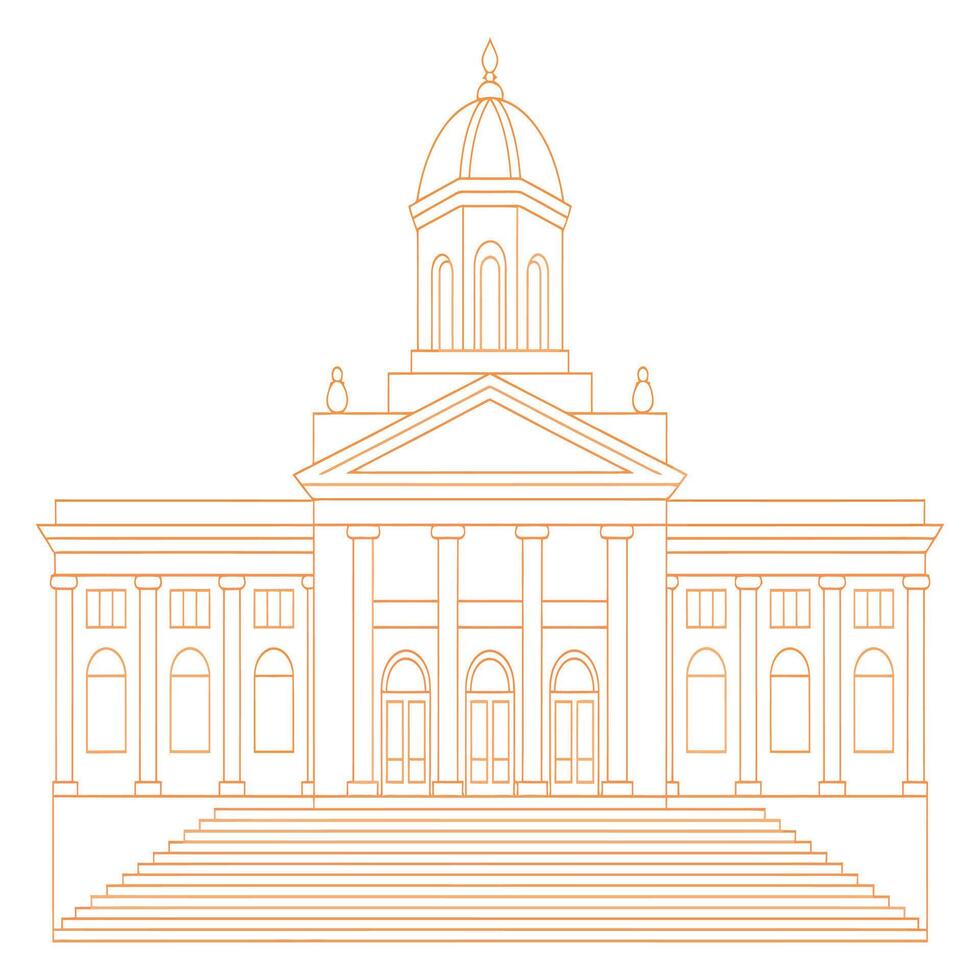 Orange Line Art Neoclassical Building Design. vector