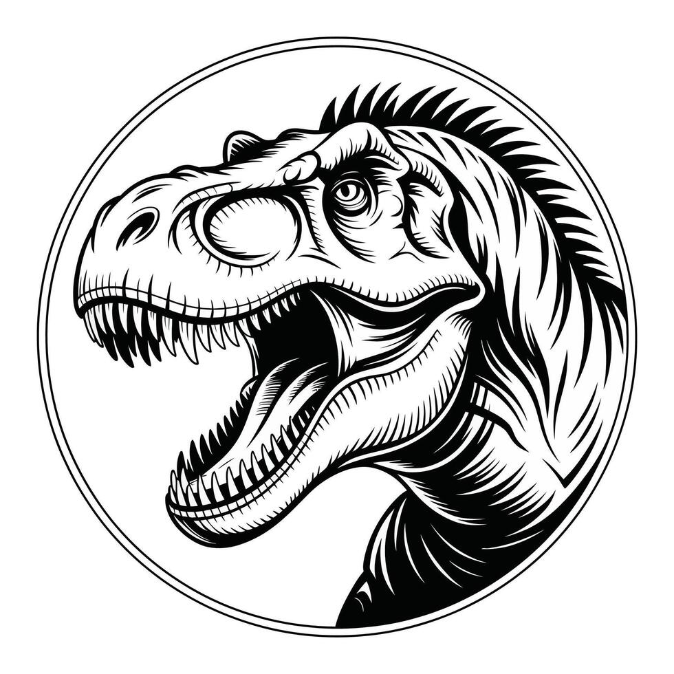 A t - rex head in a circle with a black and white image vector