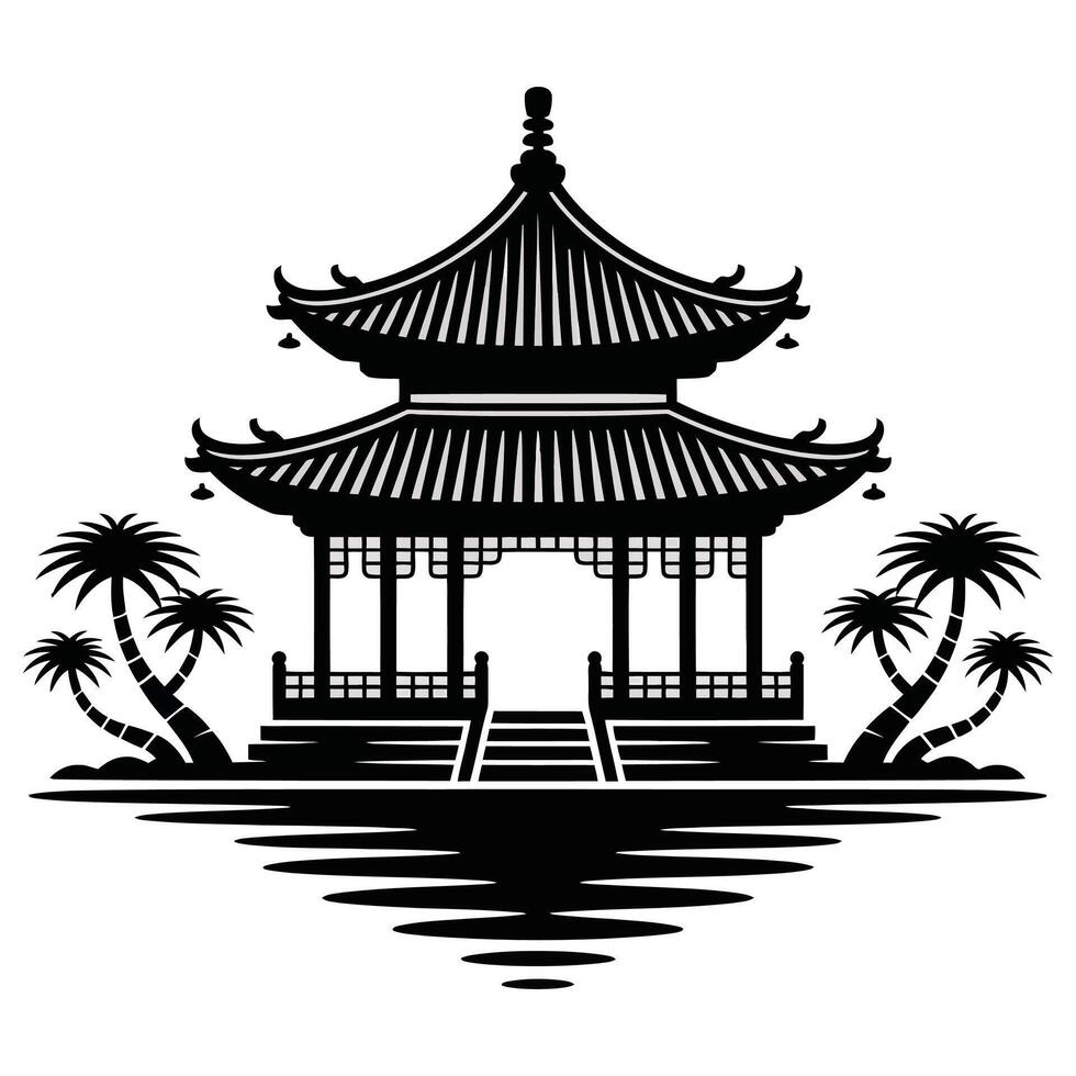 Traditional Chinese Temple Silhouette Art. vector