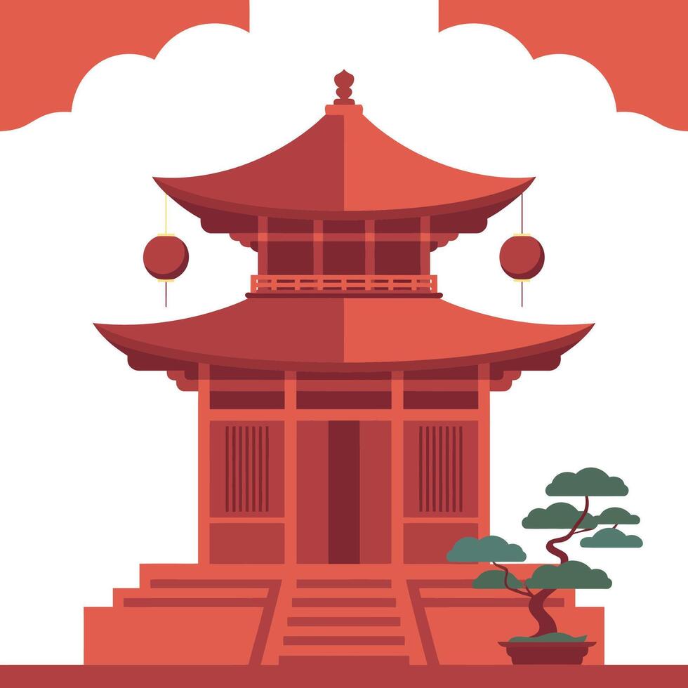 An illustration of a pagoda with a tree and a potted plant vector