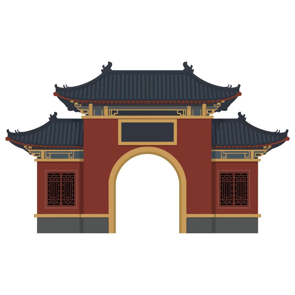 Chinese gate with a red roof and black tiles vector