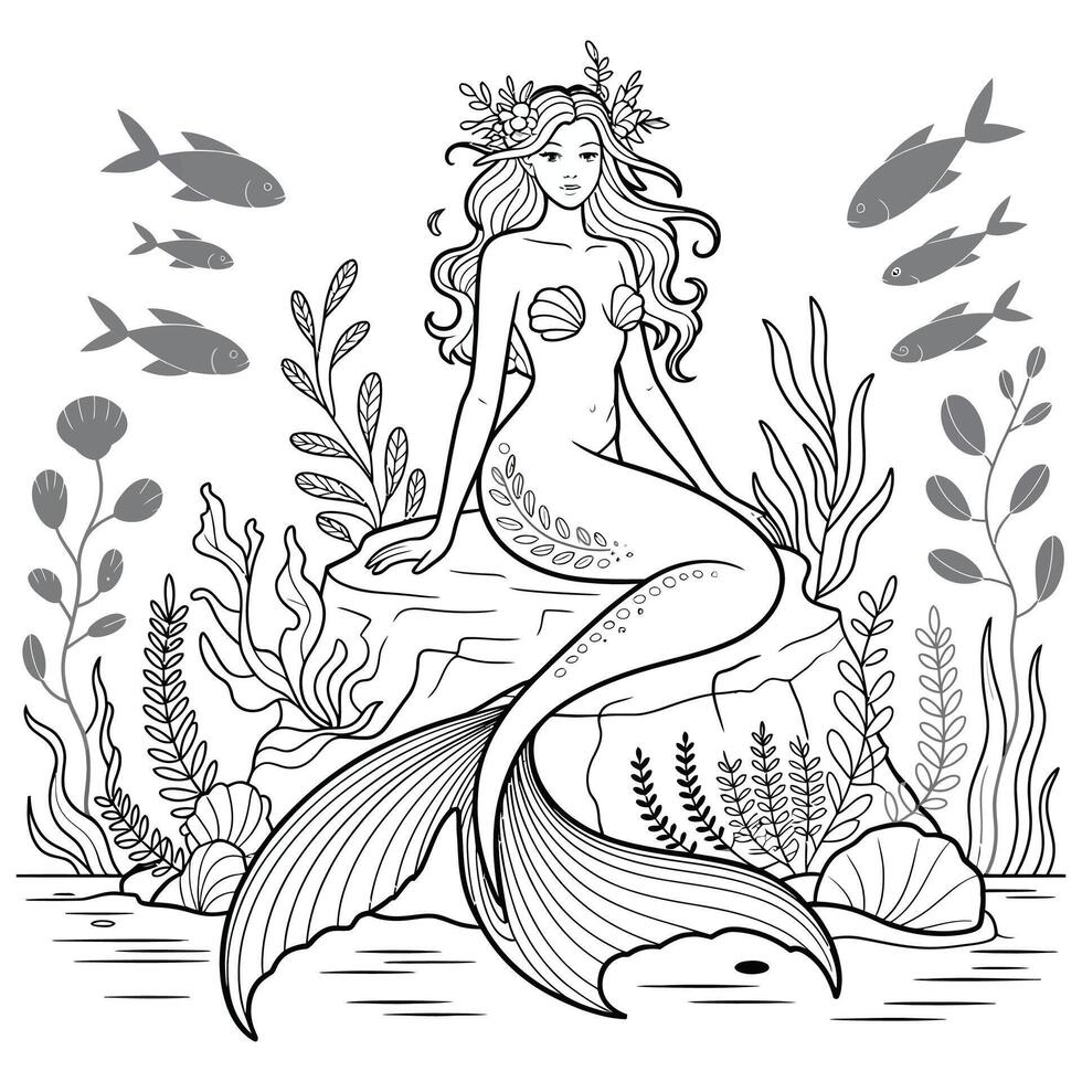 Mermaid coloring page with fish and plants vector