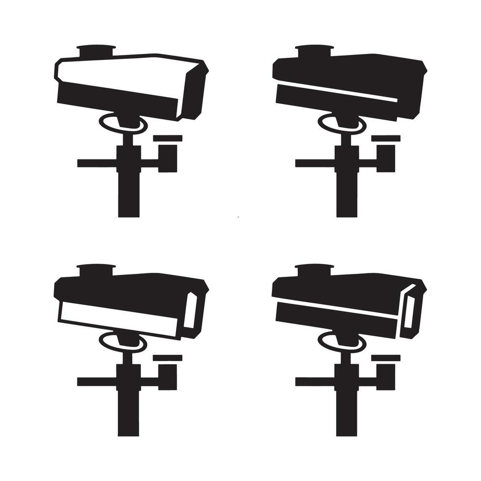Four black silhouette icons of security cameras mounted on poles isolated on white background vector
