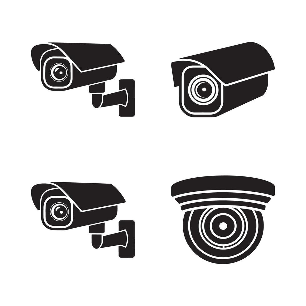 Collection of black security camera icons on a white background isolated on white background vector