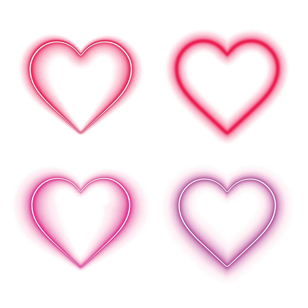 Bright neon heart frame border with red purple pink glowing light effect for love valentine day card decoration on isolated background. Four hearts set. vector