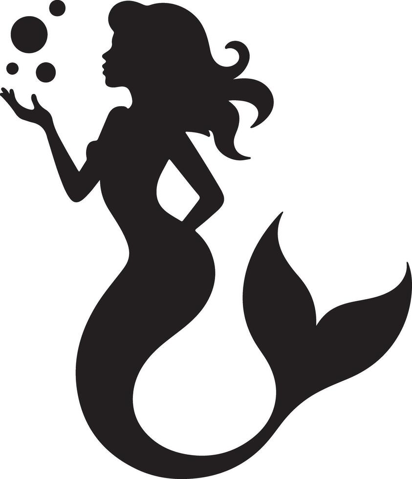 Black Silhouette of a Mermaid with Flowing Hair Gently Holding Small Bubbles in Her Hand Against a White Background vector