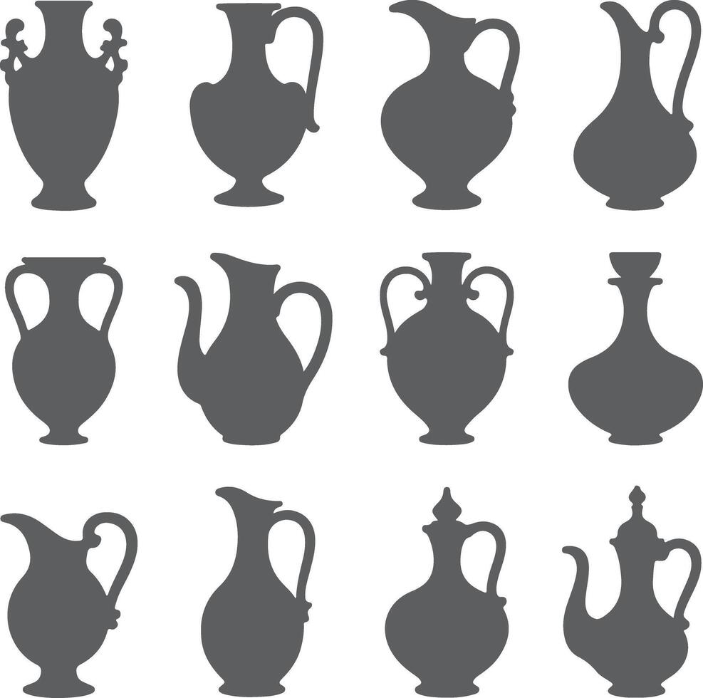 Twelve Gray Silhouette Jugs and Vases Collection Ancient Greek Style Pottery Designs Simple Elegant Shapes Dark Charcoal Gray on White Background vector