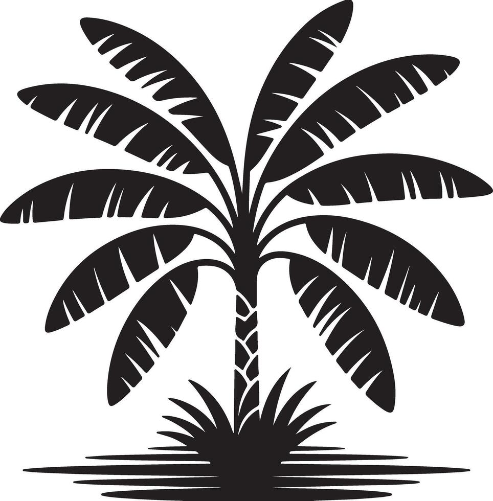 Black Silhouette of a Banana Tree with Detailed Leaves and a Textured Trunk Standing in Black Grass Against a White Background vector