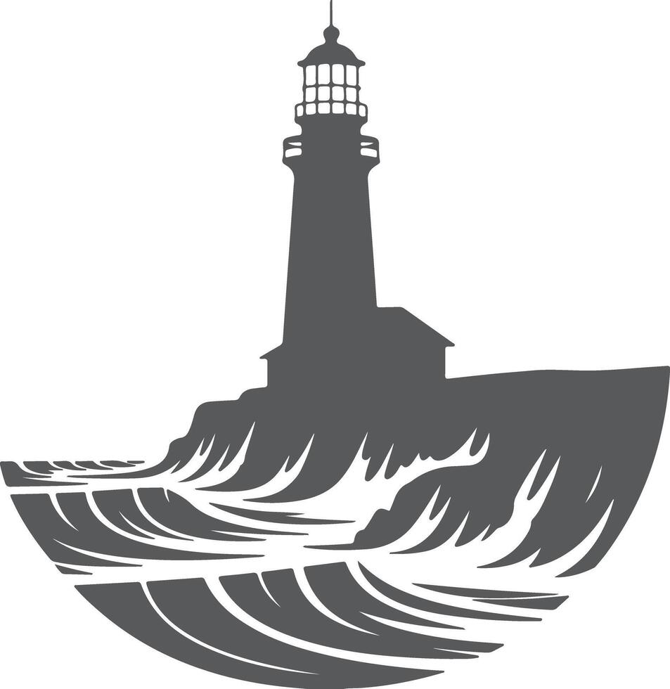 Gray Silhouette Lighthouse Coastal Scene Dramatic Ocean Waves Cliffside Beacon Tower Dark Gray Monochrome Illustration vector