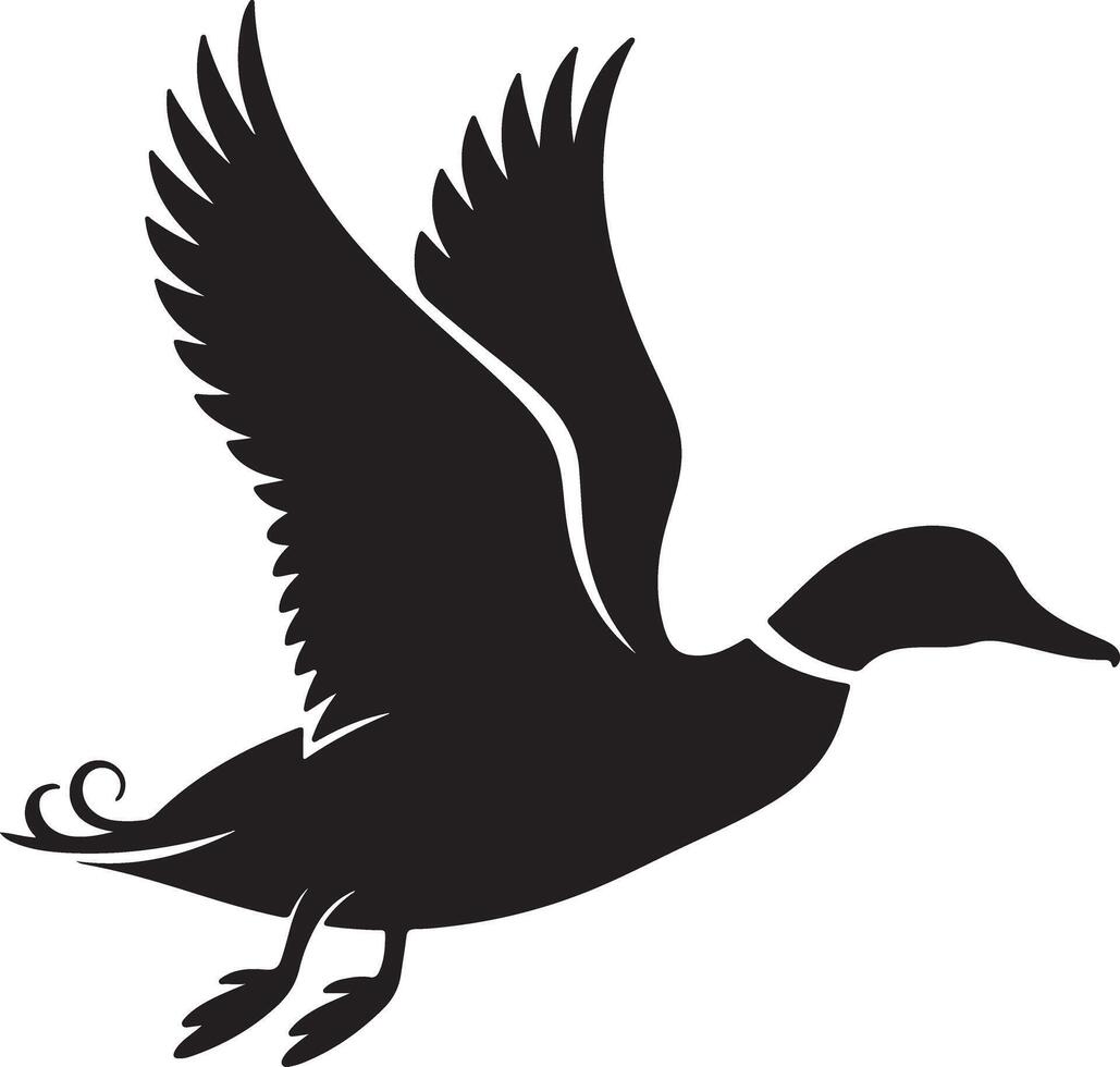 Black Silhouette of a Duck in Flight Wings Spread Wide Detailed Feathers and Tail Curls Dynamic Pose Simple Elegant Design vector