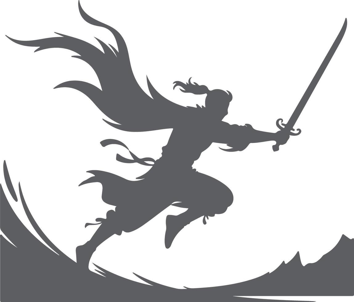 Gray Silhouette of a Warrior Leaping Forward with Sword in Hand Against a White Background with Gray Abstract Background Elements vector
