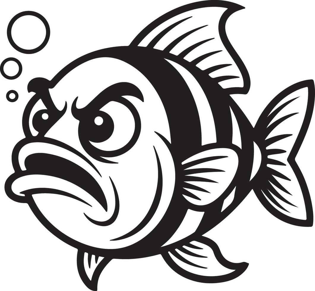 Angry Black and White Fish Silhouette Cartoon Illustration with Bubbles Aquatic Animal Design Graphic vector