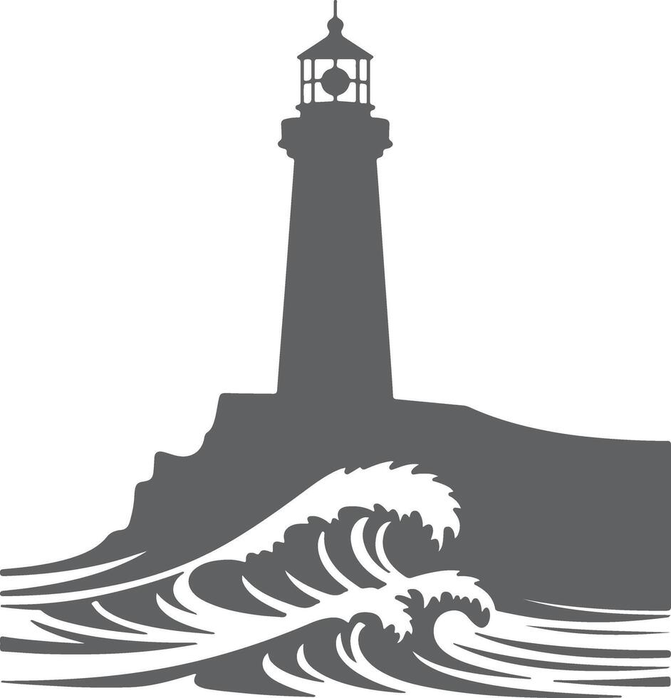 Gray Silhouette Lighthouse Coastal Scene Dramatic Waves Ocean Cliffside Beacon Tower Seascape Illustration vector