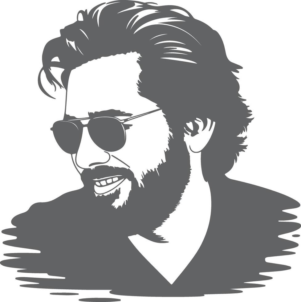 Gray Scale Silhouette Portrait of a Man with Sunglasses and Long Hair Smiling vector