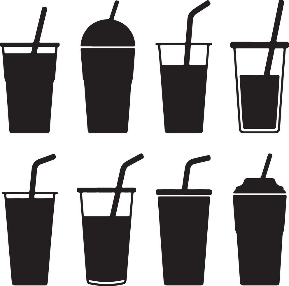 Eight Black Silhouette Drink Cups with Straws Various Sizes and Shapes Collection of Beverage Container Icons Simple Graphic Design Elements vector