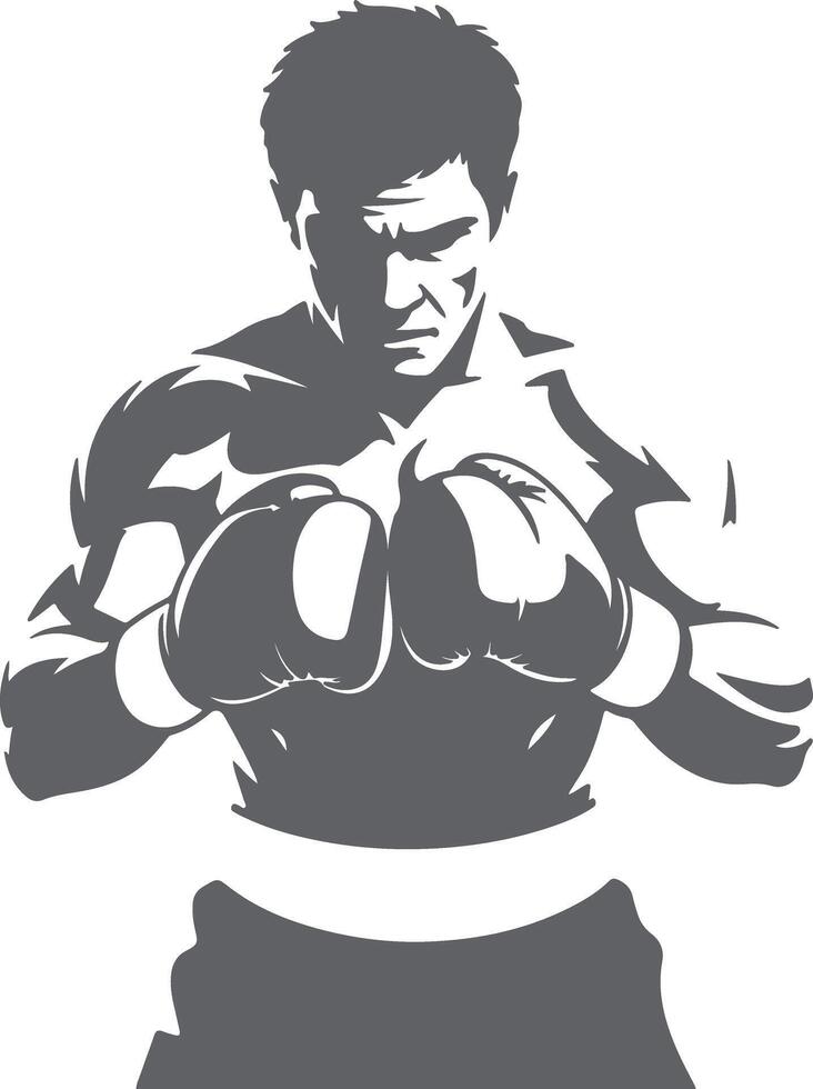 Gray Silhouette of a Boxer Ready to Fight Wearing Boxing Gloves Intense Focused Expression Muscular Build Powerful Stance vector