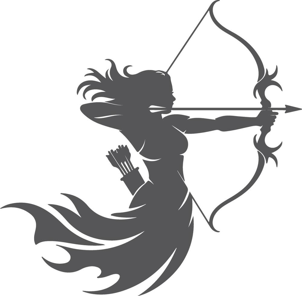 Gray Silhouette of a Woman Archer Drawing a Bow and Arrow with Flowing Hair and Dress vector