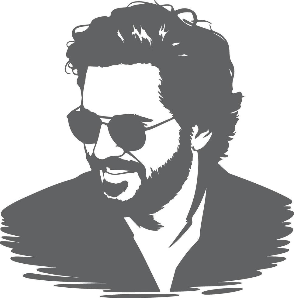 Gray Scale Silhouette Portrait of a Man with Curly Hair and Sunglasses Smiling Slightly vector
