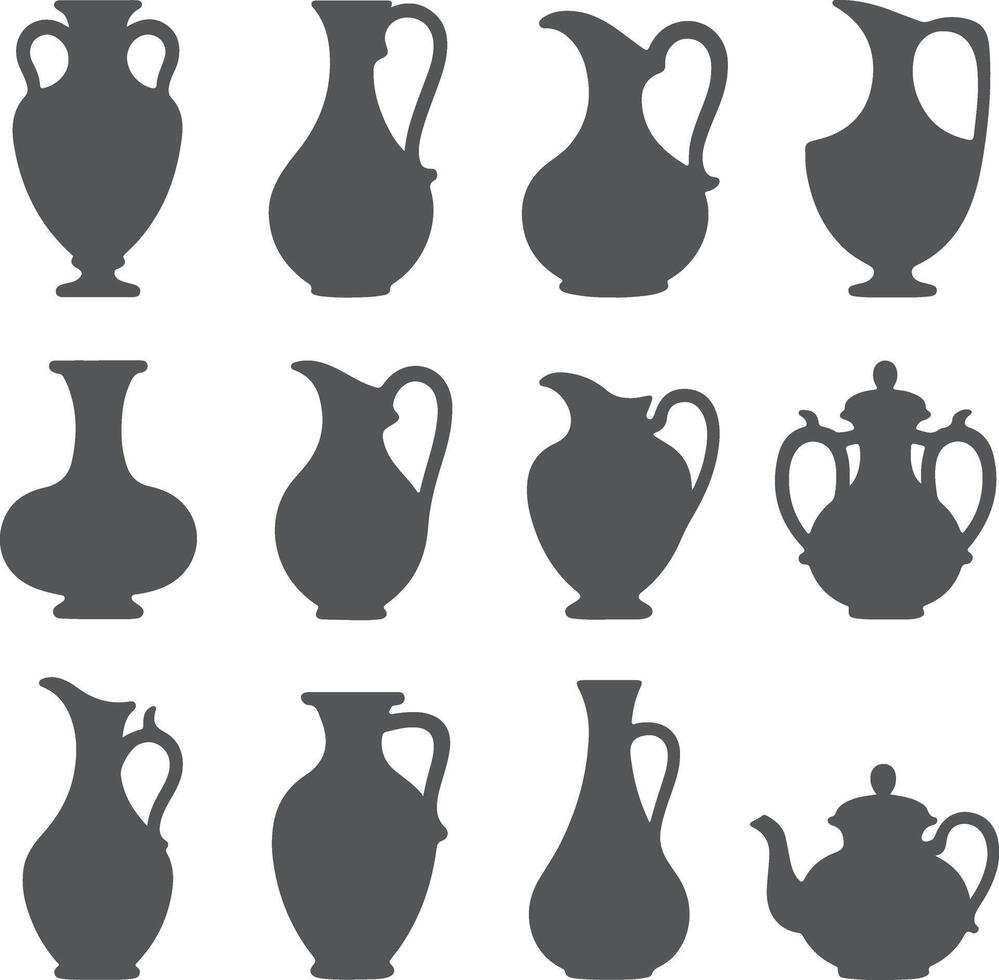 Twelve Gray Silhouette Jugs Pitchers and Vases Collection Various Shapes and Sizes Amphoras and Teapots Included Simple Design Elements vector