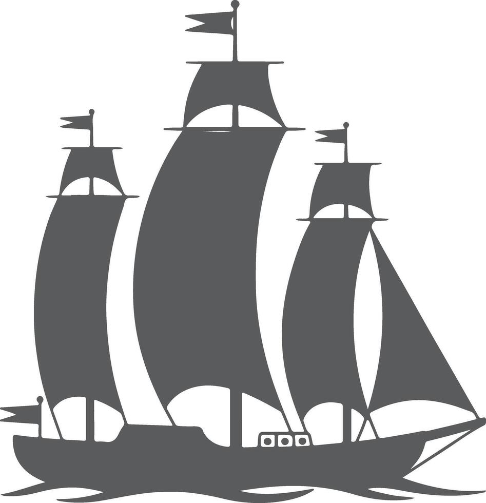 Gray Silhouette of a Three Masted Sailing Ship on Water with Small Flags sailboat vector