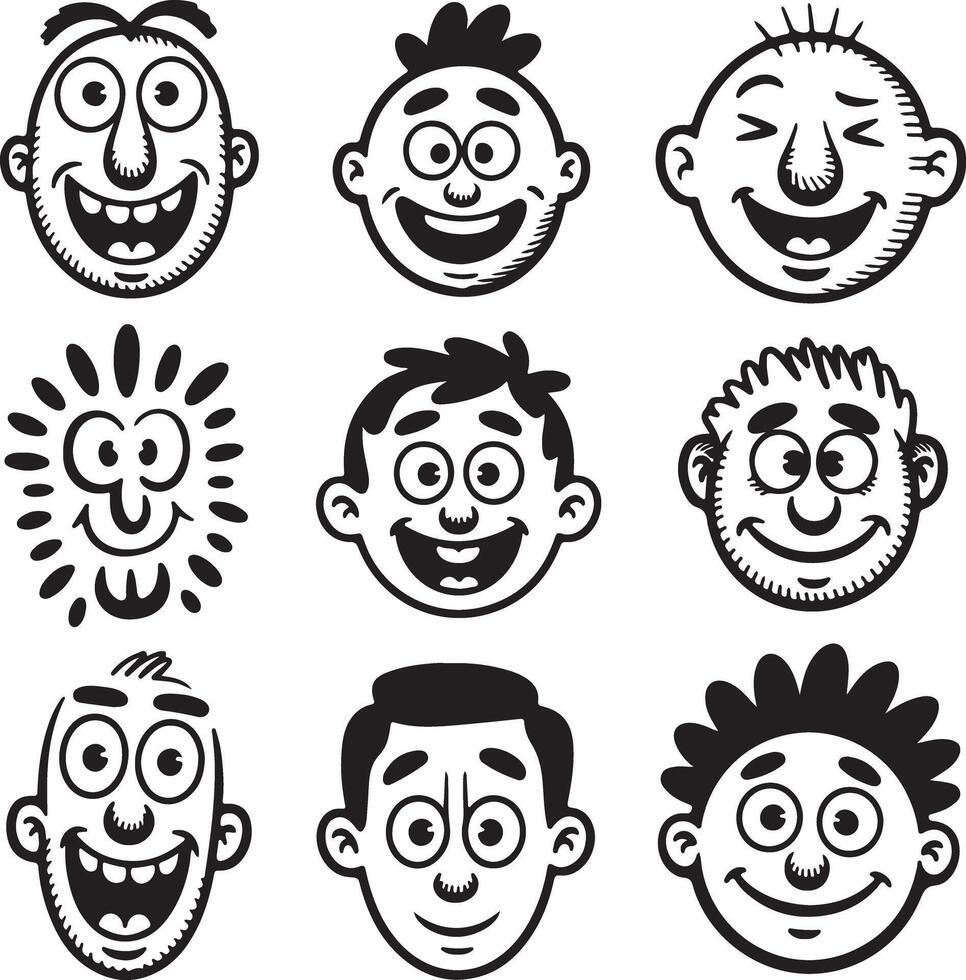 Nine Black and White Cartoon Faces with Varying Expressions Happy Smiling Silly Joyful Expressions Silhouette Style Illustrations vector