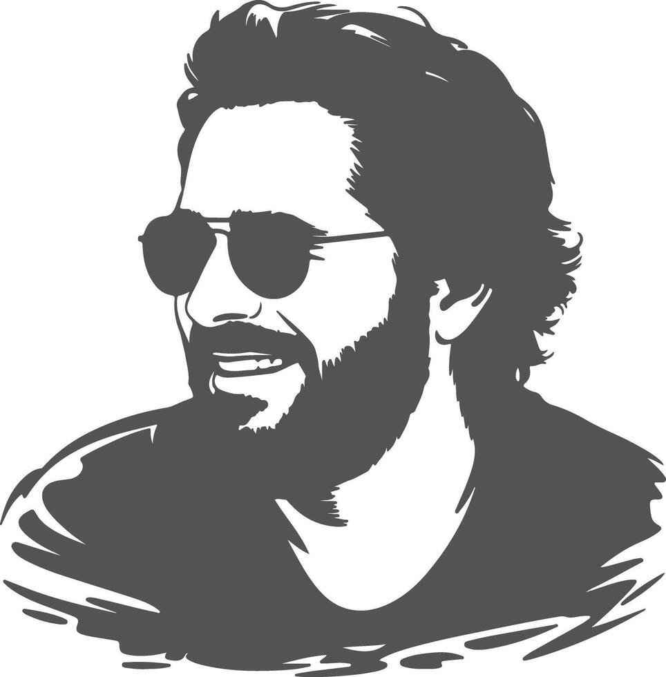 Gray Scale Silhouette Portrait of a Smiling Man with Sunglasses and Long Hair Wearing a Dark Shirt vector