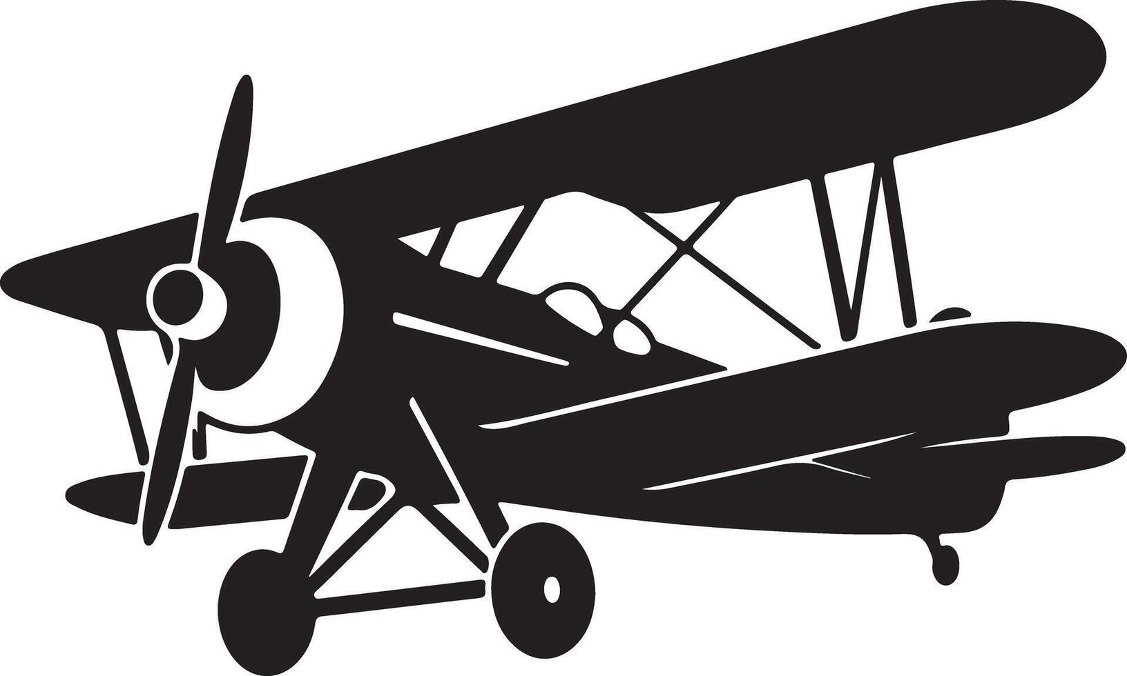 Black Silhouette of a Vintage Biplane Airplane with Propeller Wheels and Detailed Wings vector