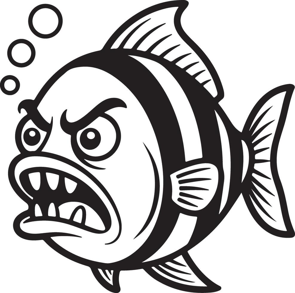 Angry Piranha Fish Cartoon Character Silhouette Black and White Illustration Aggressive Aquatic Animal Graphic Design Element vector