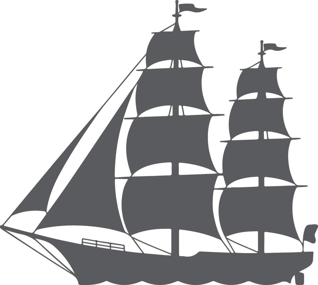 Gray Silhouette of a Three Masted Sailing Ship with Full Sails on White Background Nautical Vessel Illustration Maritime Graphic Design Element vector
