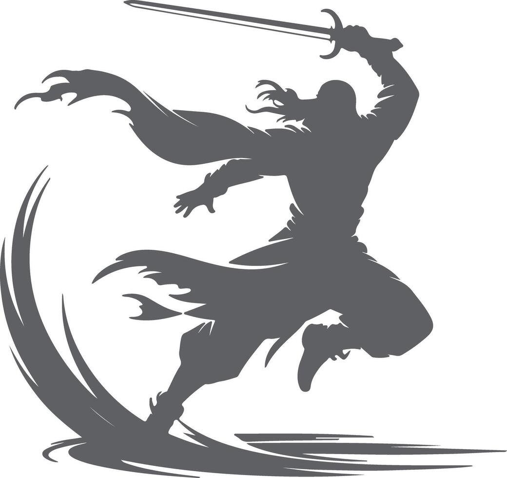 Gray Silhouette of a Warrior Leaping Forward Sword Raised High Dynamic Action Pose Medieval Knight Figure in Motion Abstract Graphic Design vector