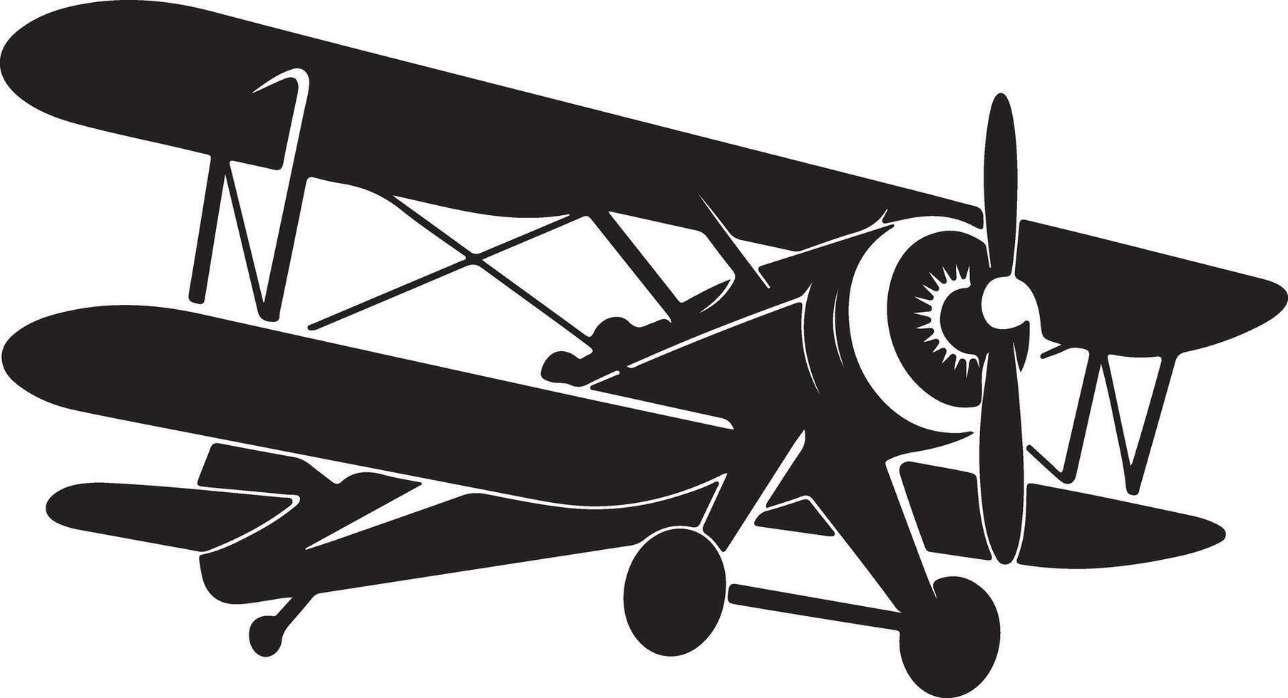 Black Silhouette of a Vintage Biplane Airplane with Propeller Detailed Design Classic Aircraft Illustration vector