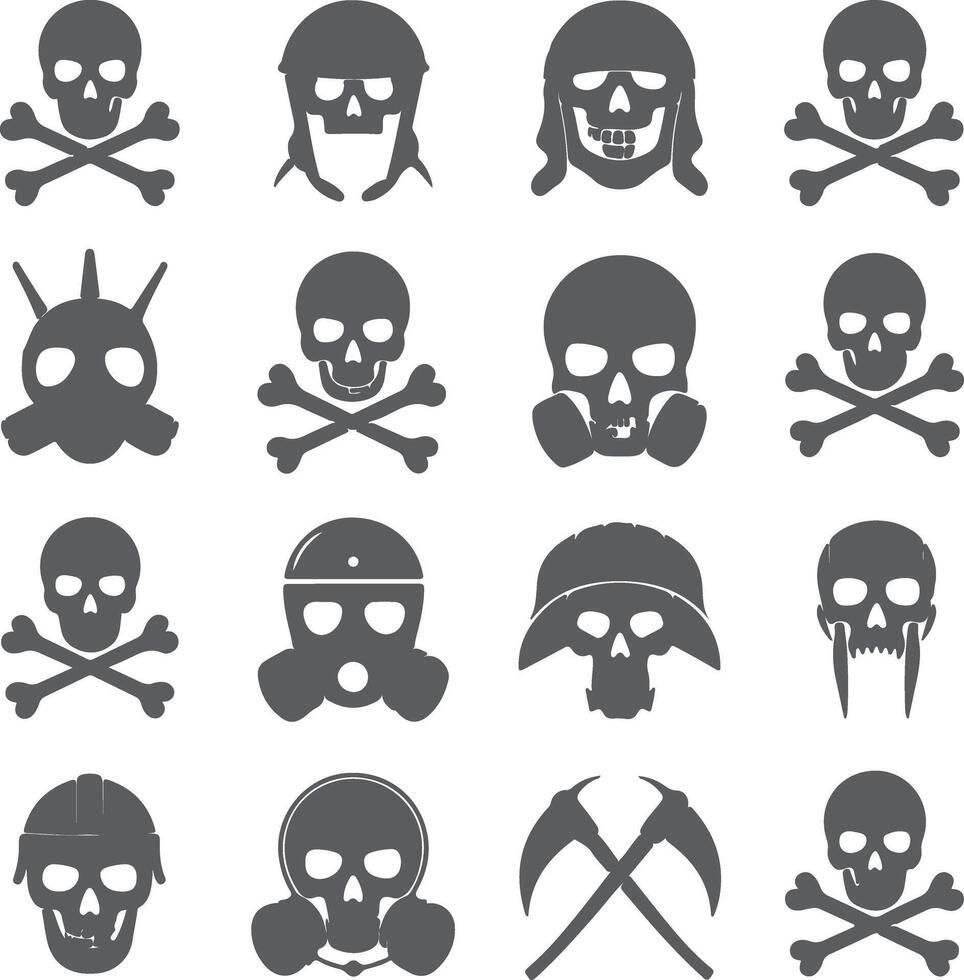 Sixteen grayscale skull silhouettes various headgear gas masks crossed bones hazard warning icons danger symbols safety signs vector