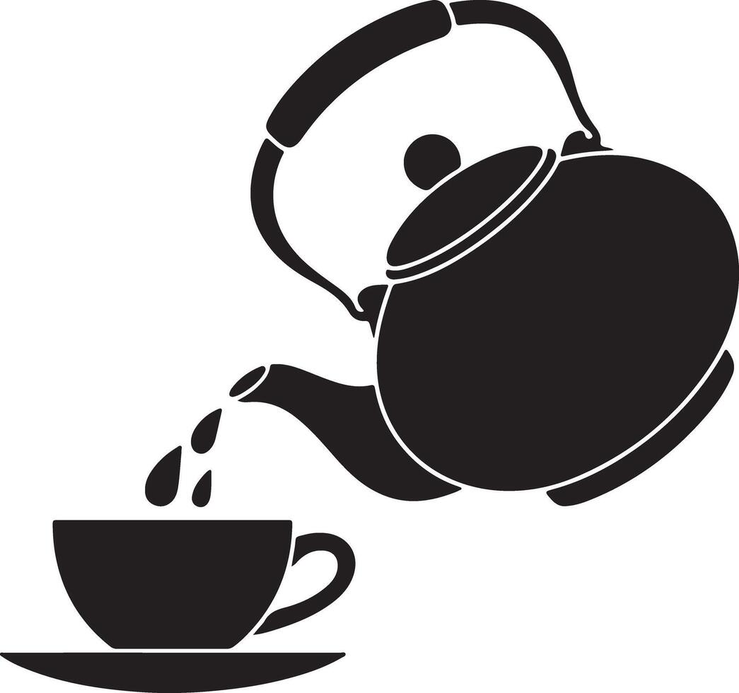 Black Silhouette Teapot Pouring Tea into a Cup on Saucer Simple Graphic Design Illustration vector