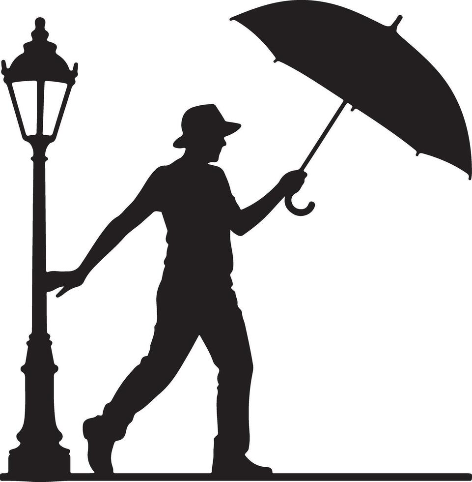 Black silhouette of a man in a hat holding an umbrella next to a street lamp on a white background simple graphic design illustration vector