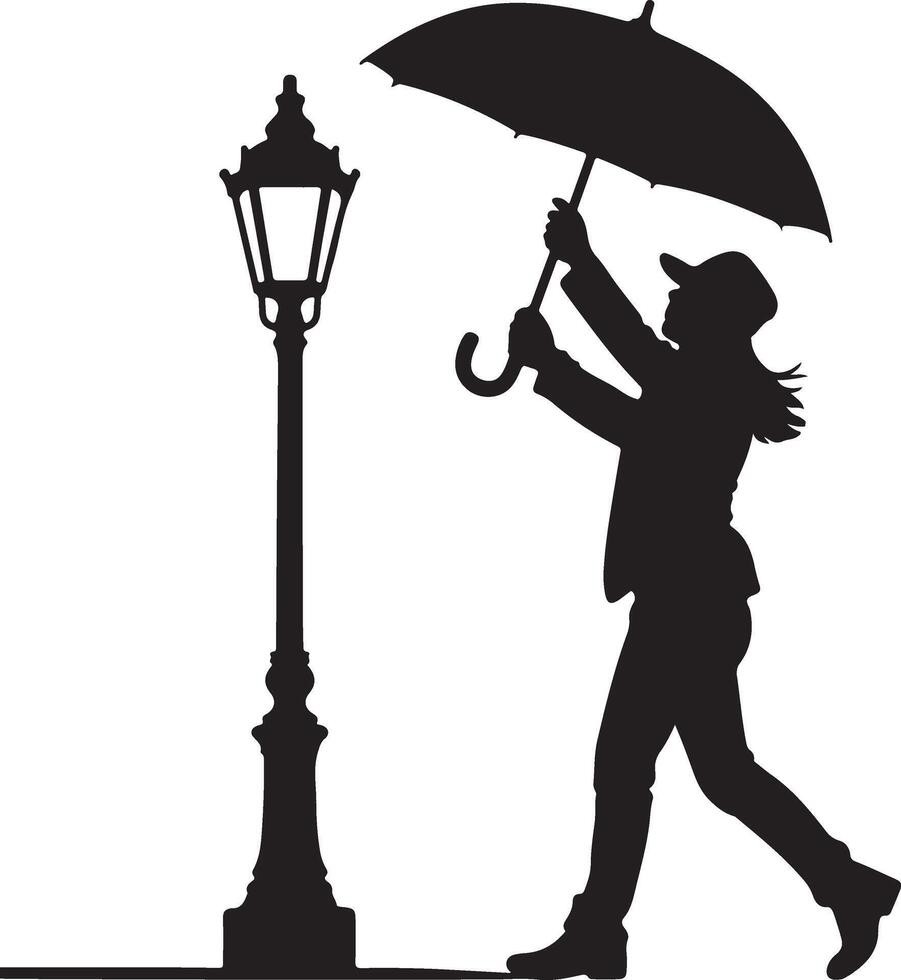 Silhouette of a Woman Walking with an Umbrella Near a Street Lamp Black and White Graphic Design vector