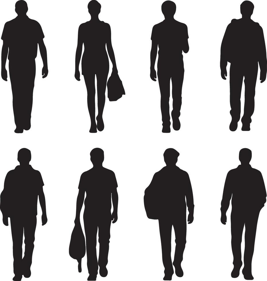 Eight Black Silhouettes of People Walking Carrying Bags and Walking in Casual Attire on White Background vector