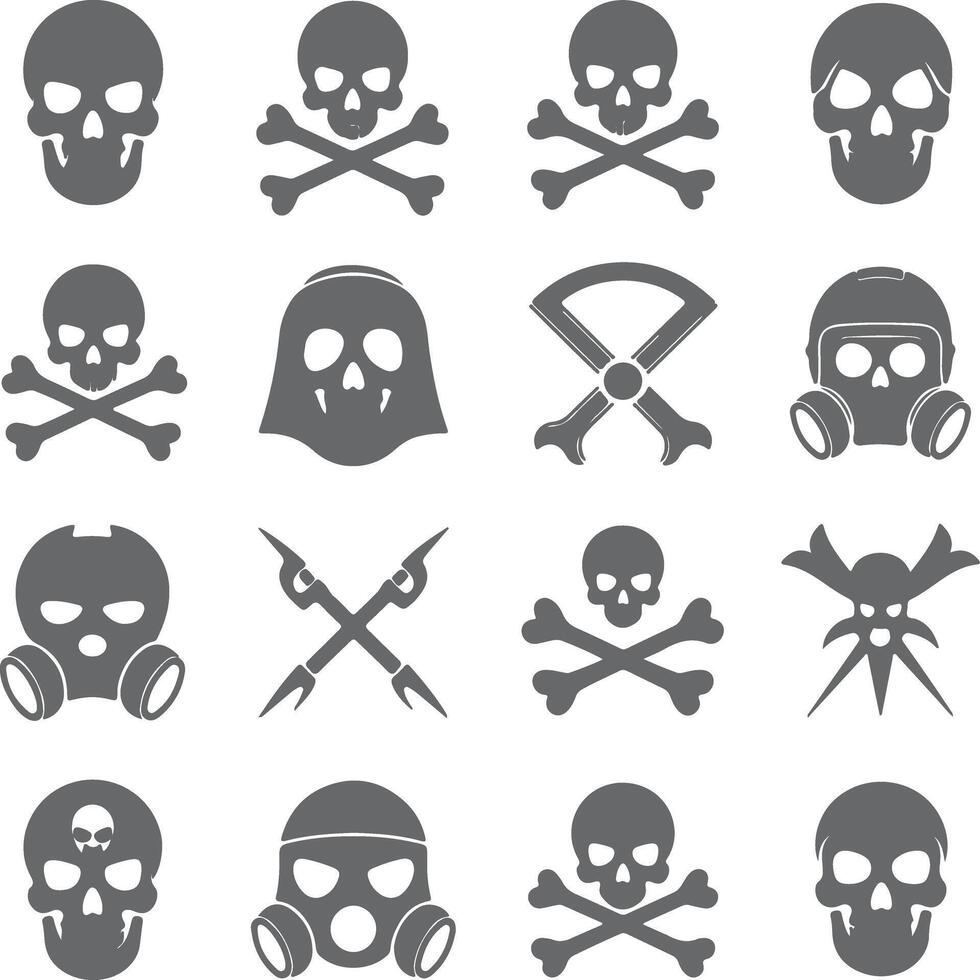 Collection of Gray Skull and Crossbones Icons Gas Masks Silhouette Designs Danger Warning Symbols vector