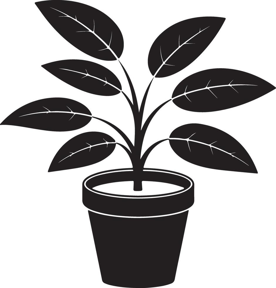 Black Silhouette of a Houseplant in a Pot with Multiple Oval Leaves Growing Upwards Simple Minimalist Botanical Illustration vector